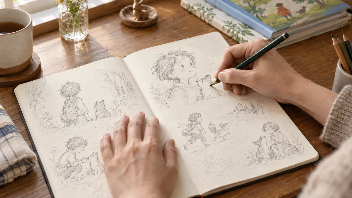 ノートに物語の登場人物のラフを描く大人の手元